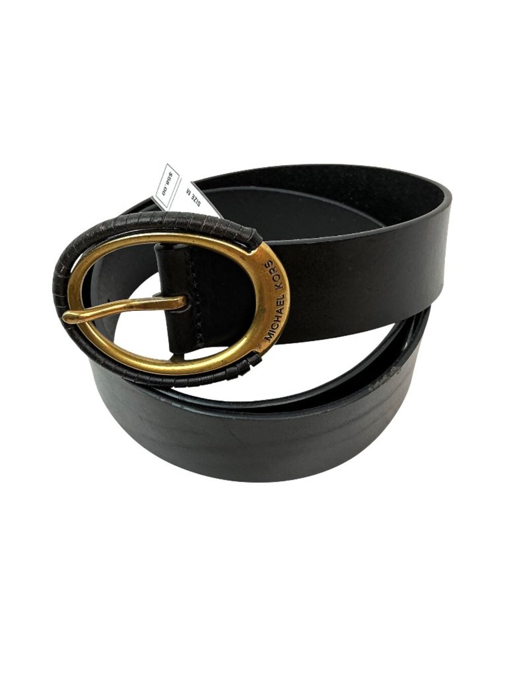 New Michael Kors Leather Belt Large Gold Oval Buckle Womens Medium Black